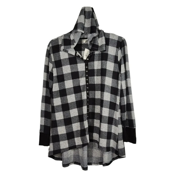 Cato Plaid Snap Front Hooded Black Grey Knit Tunic Top Hi Low Size L NEW w/FLAW - Picture 1 of 8